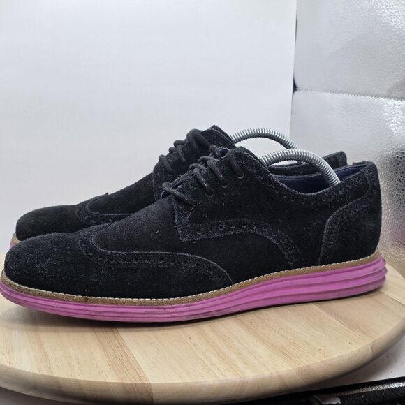 COLE HAAN Men's Lunargrand Leather Black Suede Wingtip Pink Oxford Shoes 10 - Picture 1 of 9